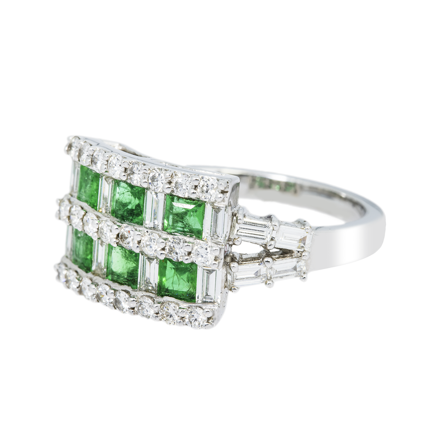 14k white gold diamond engagement ring with green princess cut