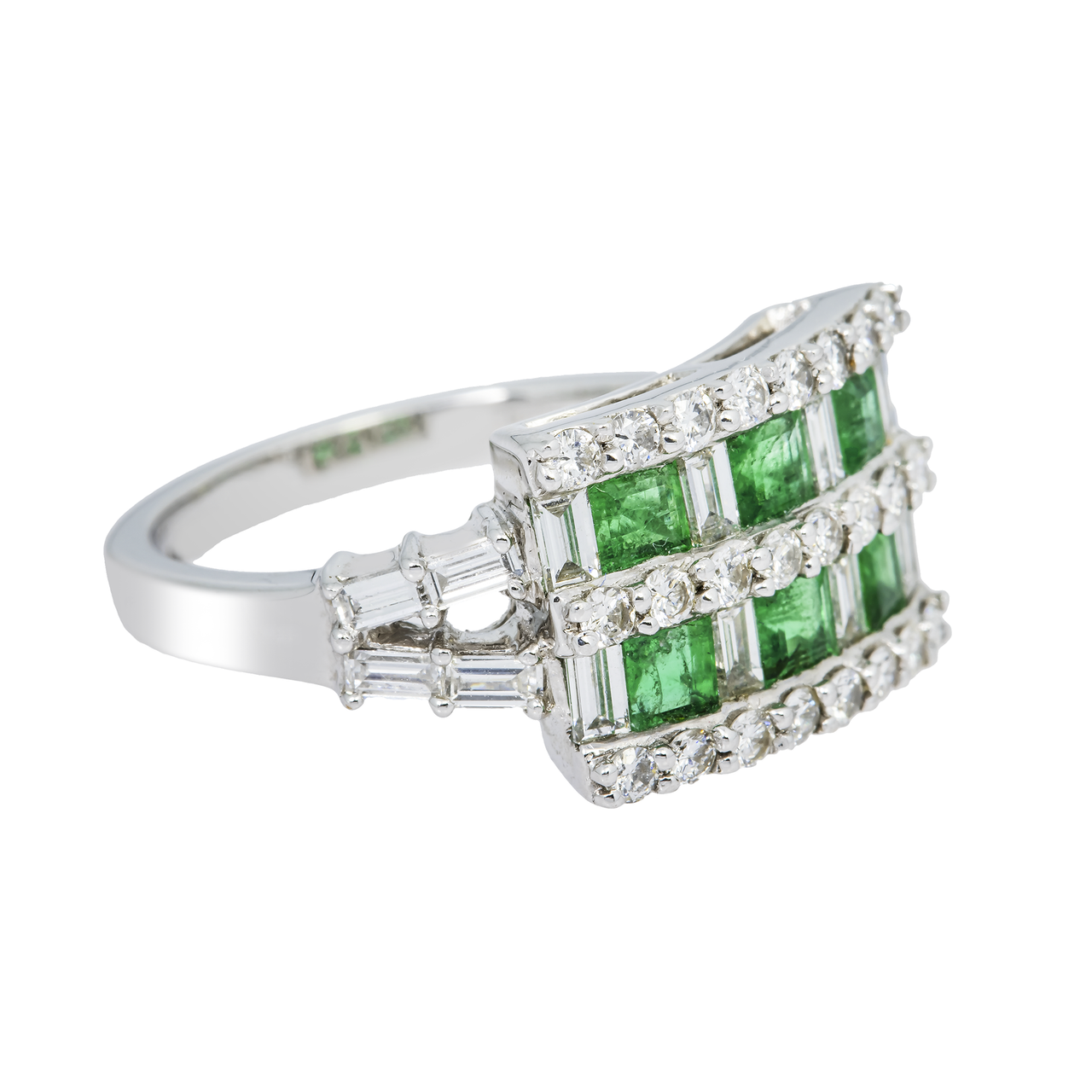 14k white gold diamond engagement ring with green princess cut