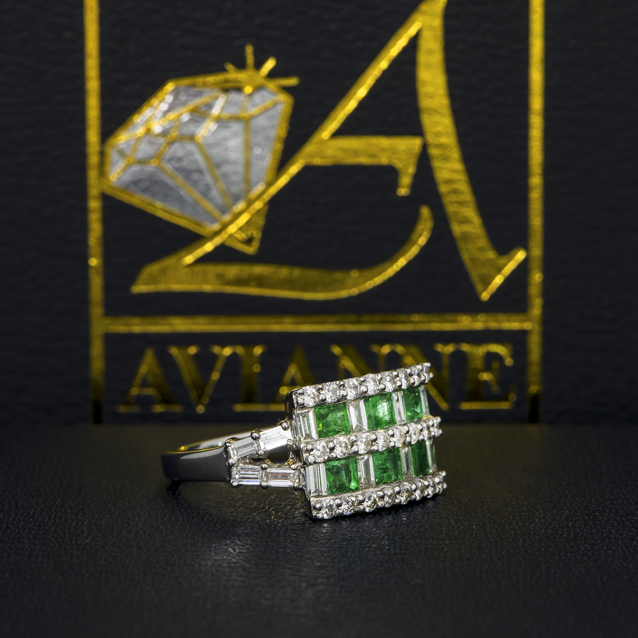 14k white gold diamond engagement ring with green princess cut