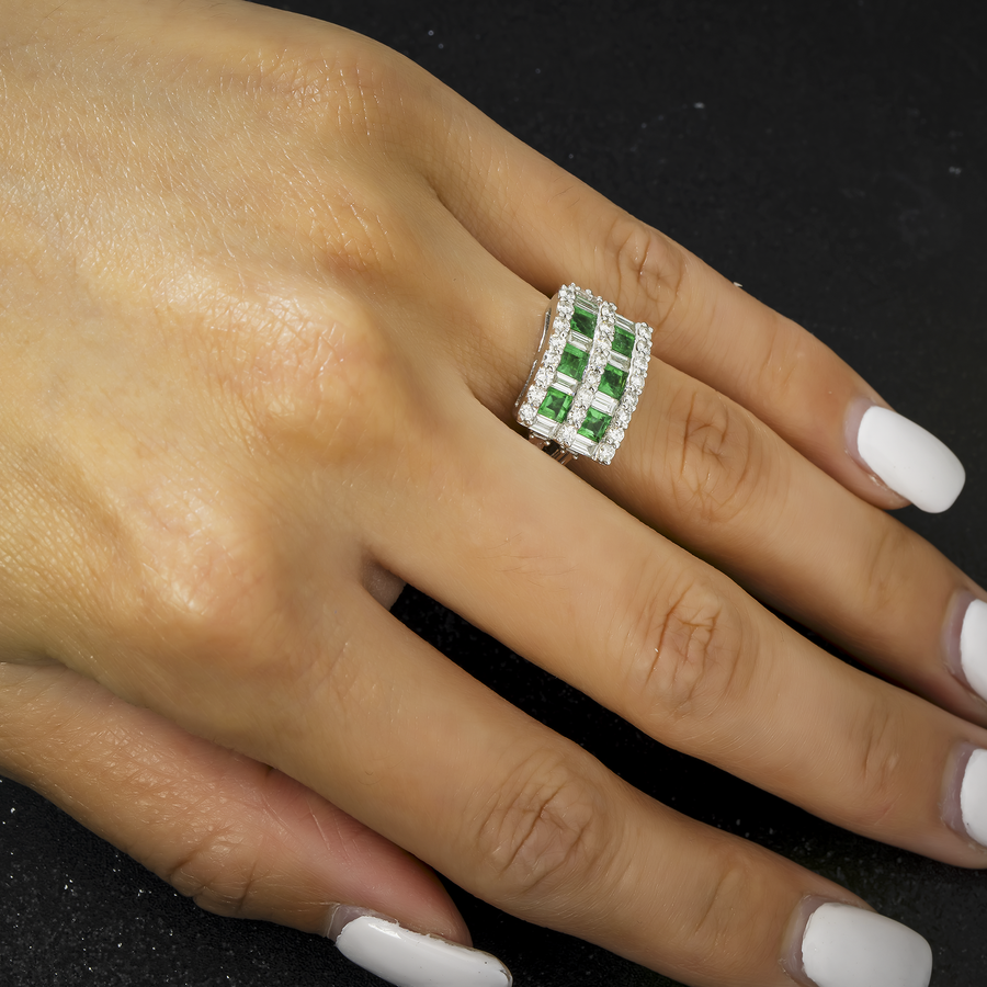 14k white gold diamond engagement ring with green princess cut