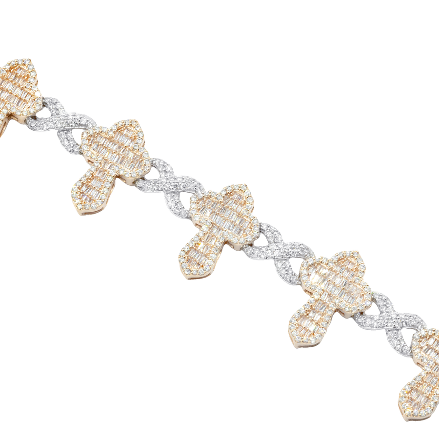 10k Two Tone Rose and White Gold Baguette Diamond Cross Infinity Link Bracelet 7.76 ctw
