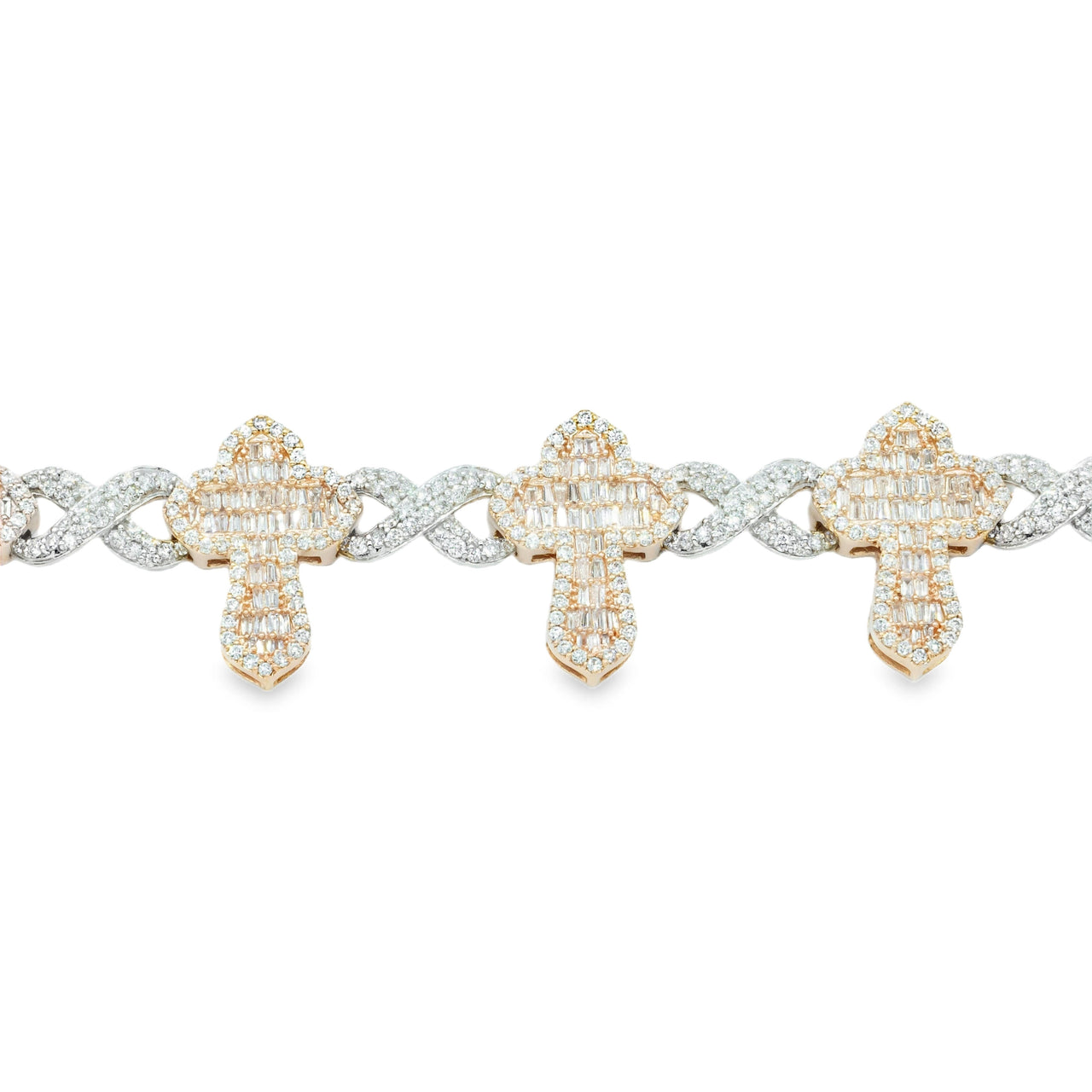 10k Two Tone Rose and White Gold Baguette Diamond Cross Infinity Link Bracelet 7.76 ctw
