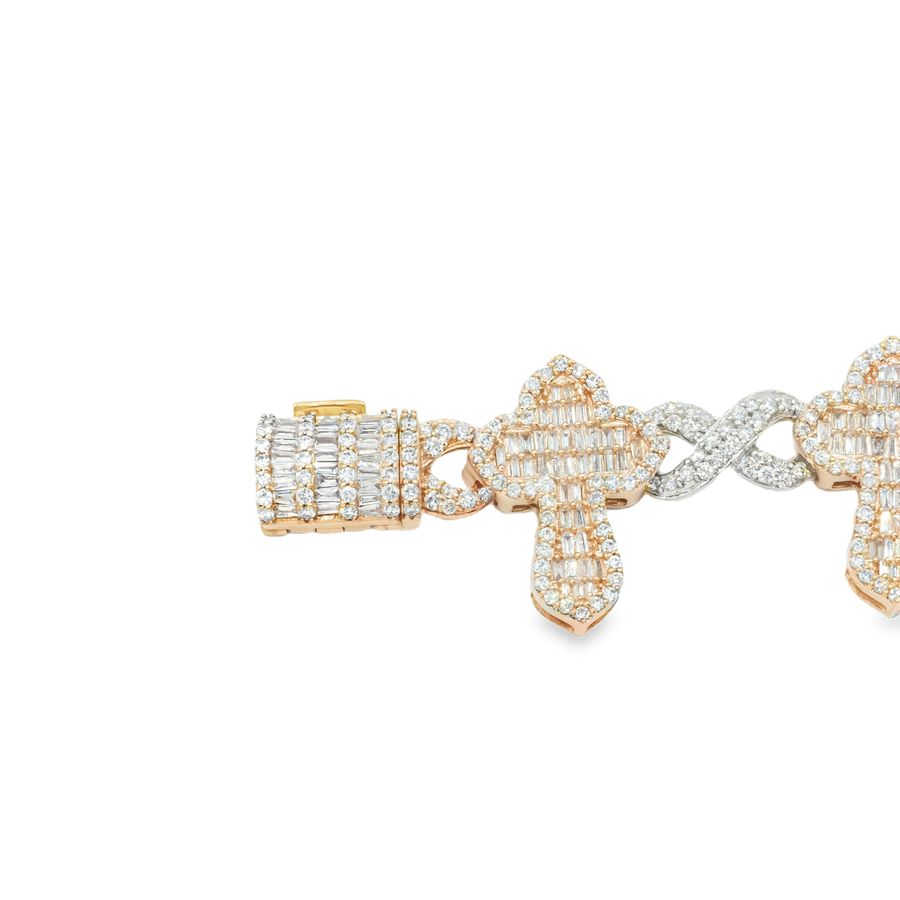 10k Two Tone Rose and White Gold Baguette Diamond Cross Infinity Link Bracelet 7.76 ctw