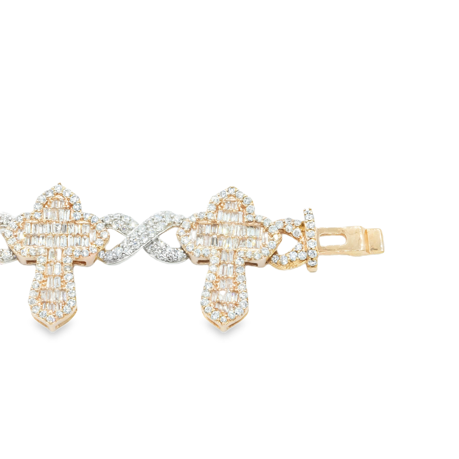 10k Two Tone Rose and White Gold Baguette Diamond Cross Infinity Link Bracelet 7.76 ctw