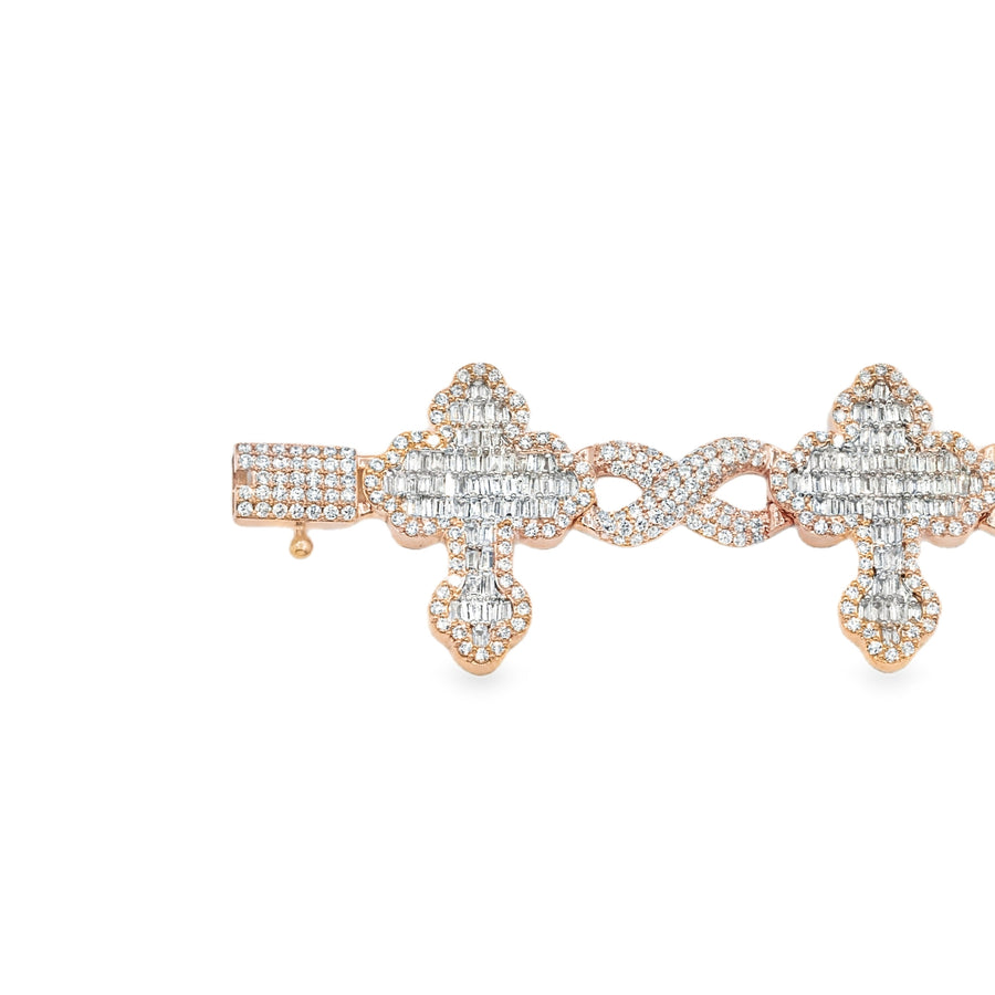 8.0 in - 14.35 grams - 3.19 Ctw / Rose 14k Rose Gold Diamond Cross Bracelet 3 Ctw