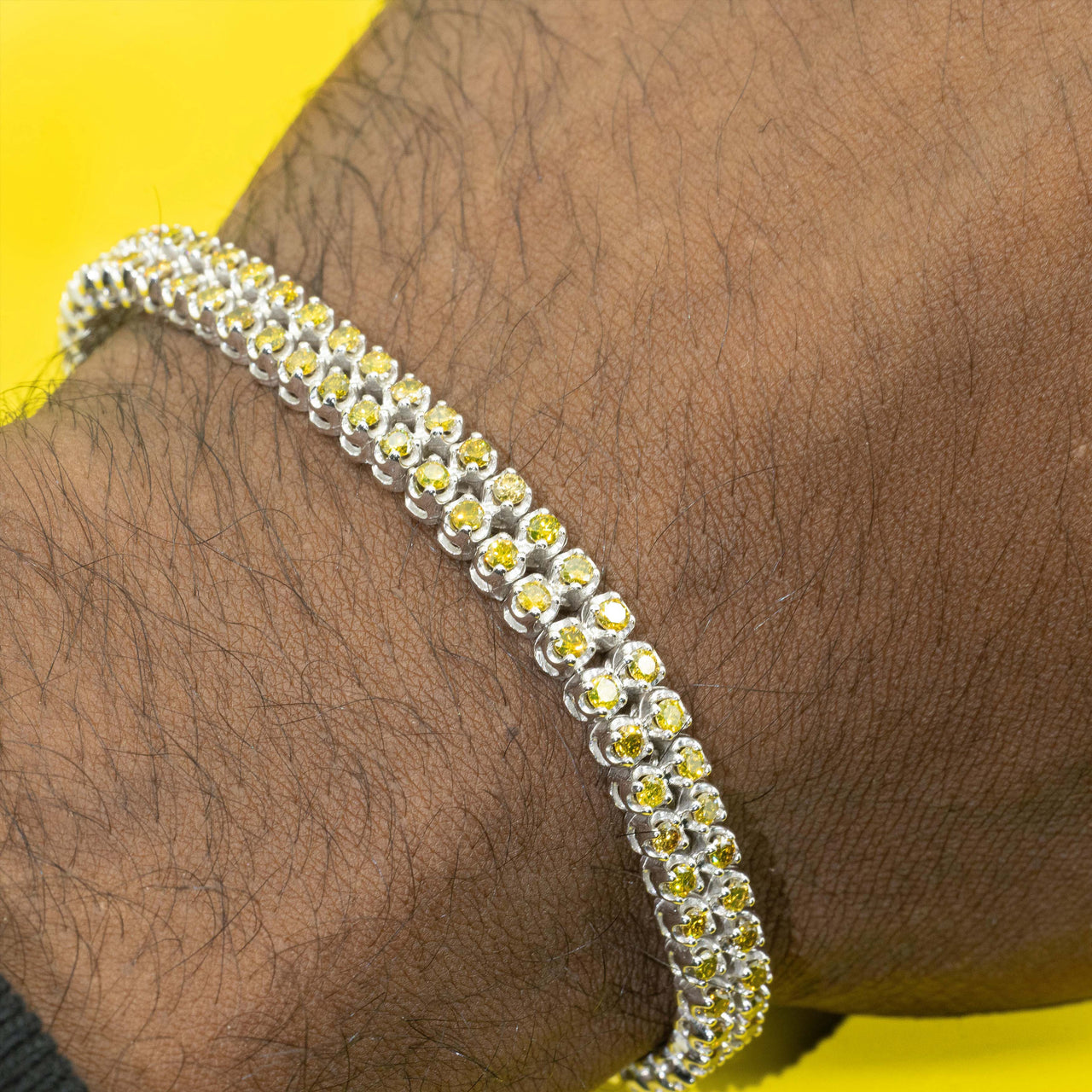 14K Solid White Gold Two-Row Yellow Diamond Bracelet 4.77 Ctw.