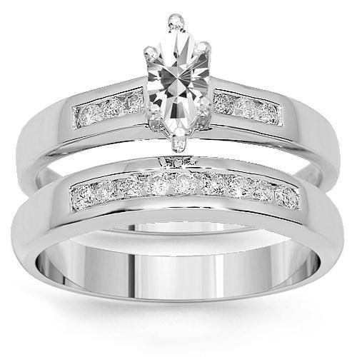 14K White Gold Marquise Lab Diamond Channel Set Bridal Ring Set 0.86 Ctw