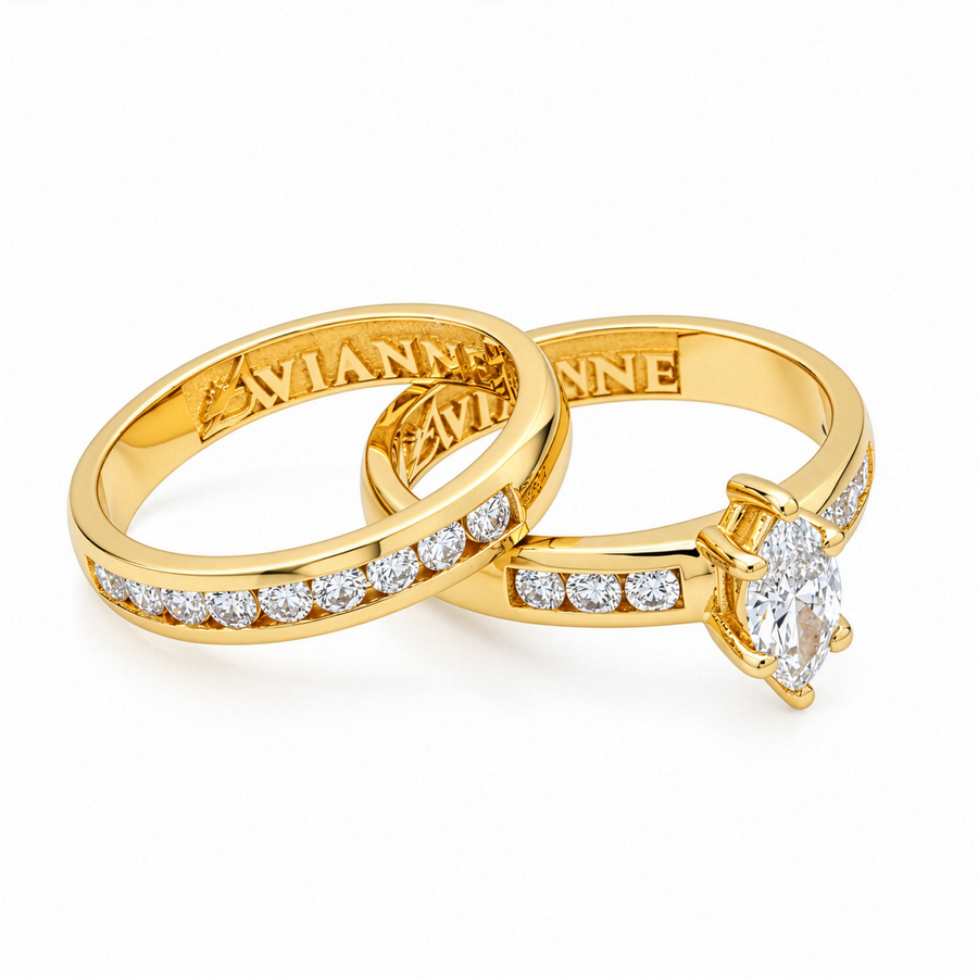 14K Yellow Gold Marquise Lab Diamond Channel Set Bridal Ring Set 0.86 Ctw