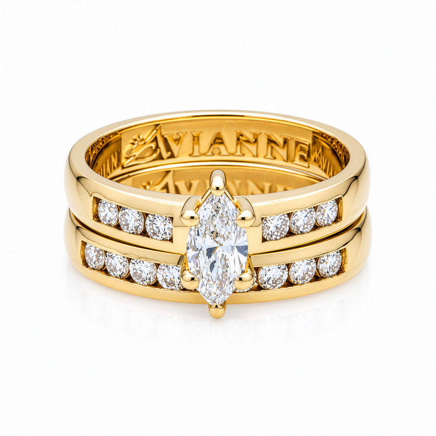 14K Yellow Gold Marquise Lab Diamond Channel Set Bridal Ring Set 0.86 Ctw
