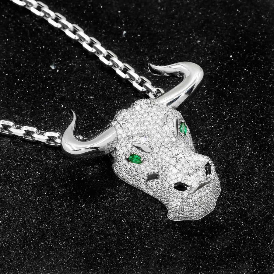 White 14k White Gold Diamond Bull Pendant 9.28 ctw