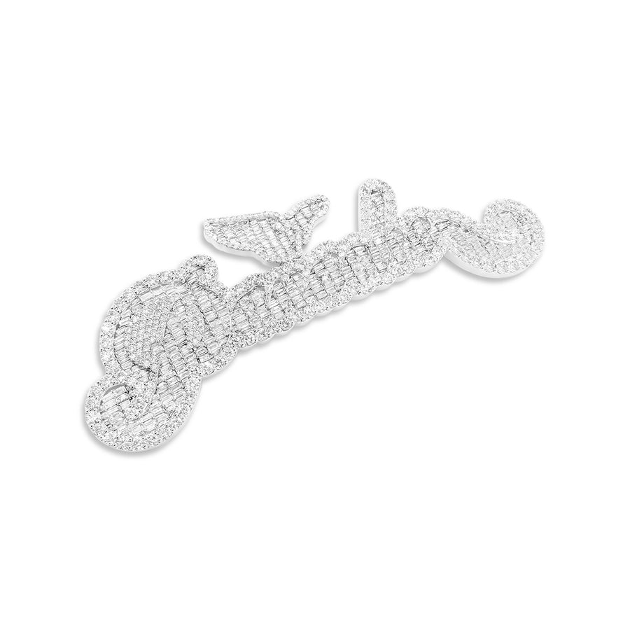 white Custom Name Pendant with Wing Detail in 14K White Gold – 23.55CTW Baguette & Round Diamonds