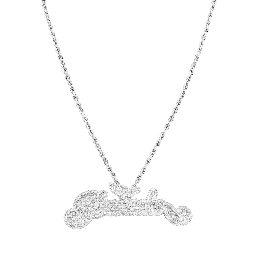 white Custom Name Pendant with Wing Detail in 14K White Gold – 23.55CTW Baguette & Round Diamonds