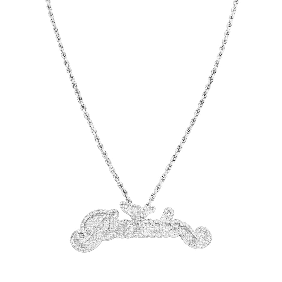 white Custom Name Pendant with Wing Detail in 14K White Gold – 23.55CTW Baguette & Round Diamonds