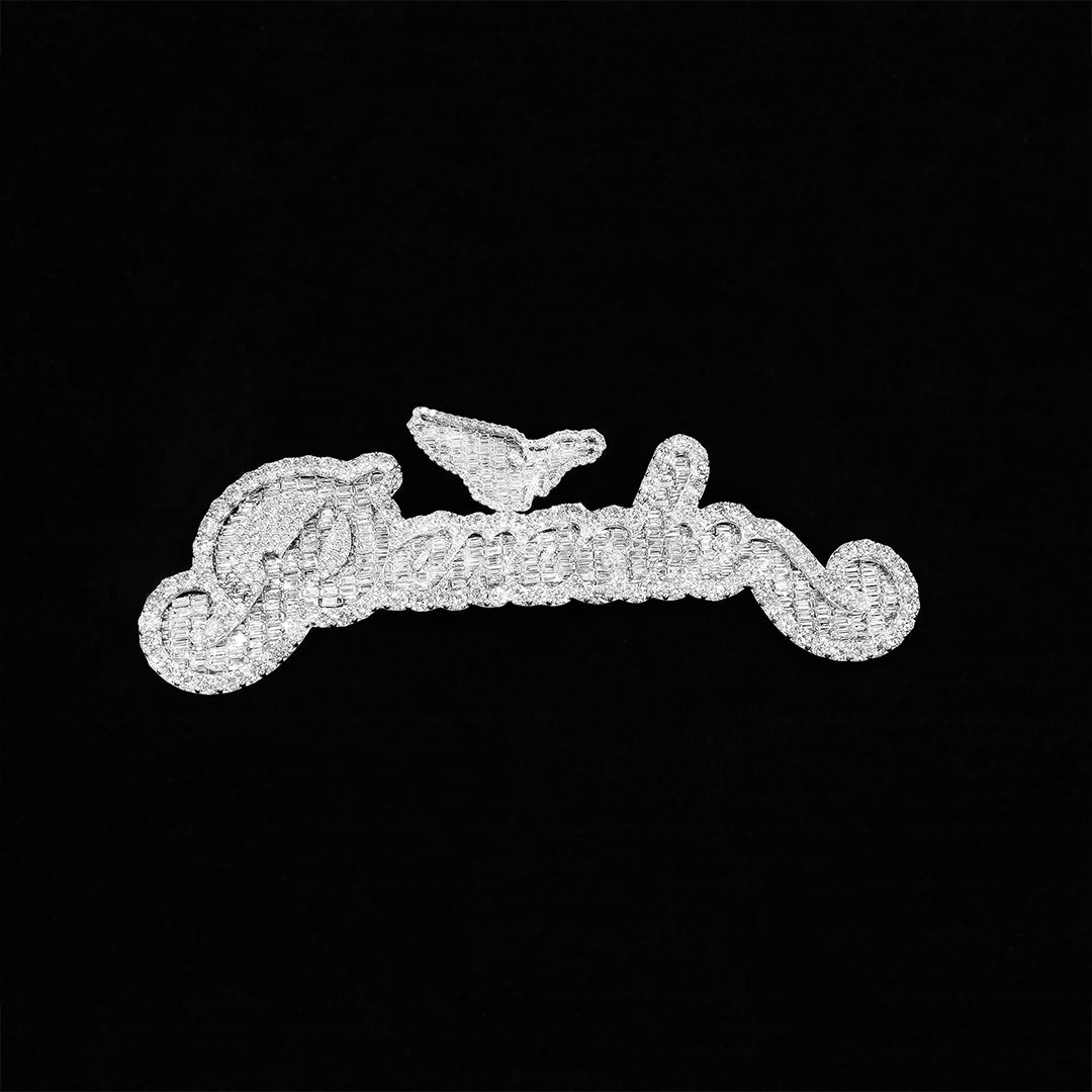 white Custom Name Pendant with Wing Detail in 14K White Gold – 23.55CTW Baguette & Round Diamonds