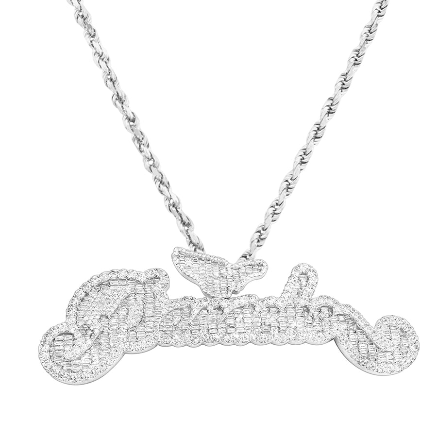 white Custom Name Pendant with Wing Detail in 14K White Gold – 23.55CTW Baguette & Round Diamonds