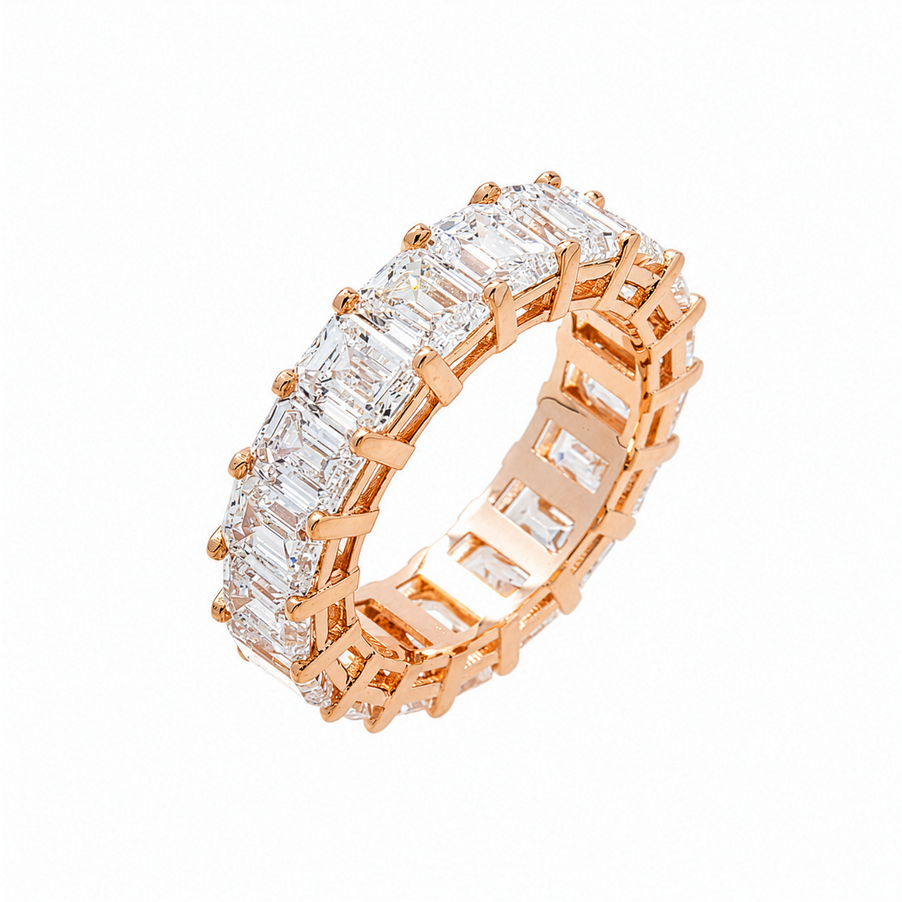 14K Rose Gold Lab Diamond Emerald Cut Shared Prong Eternity Band 9.3 CTW