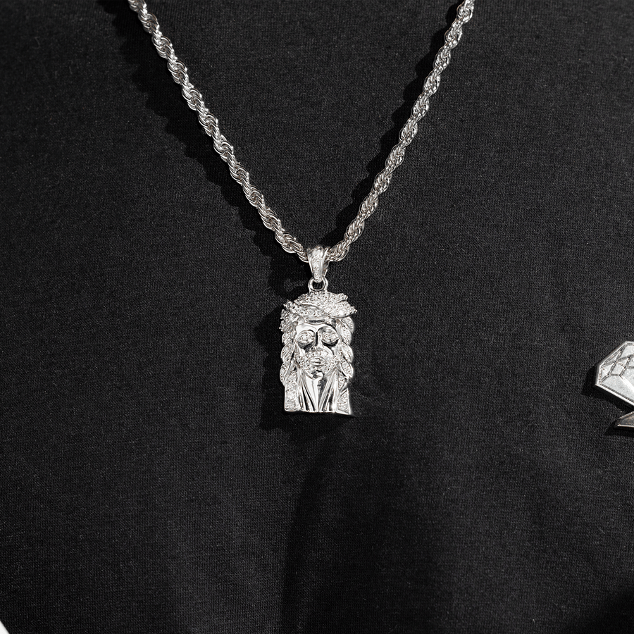 14K White Solid Gold Small Mens Diamond Jesus Head Pendant 1.06 Ctw
