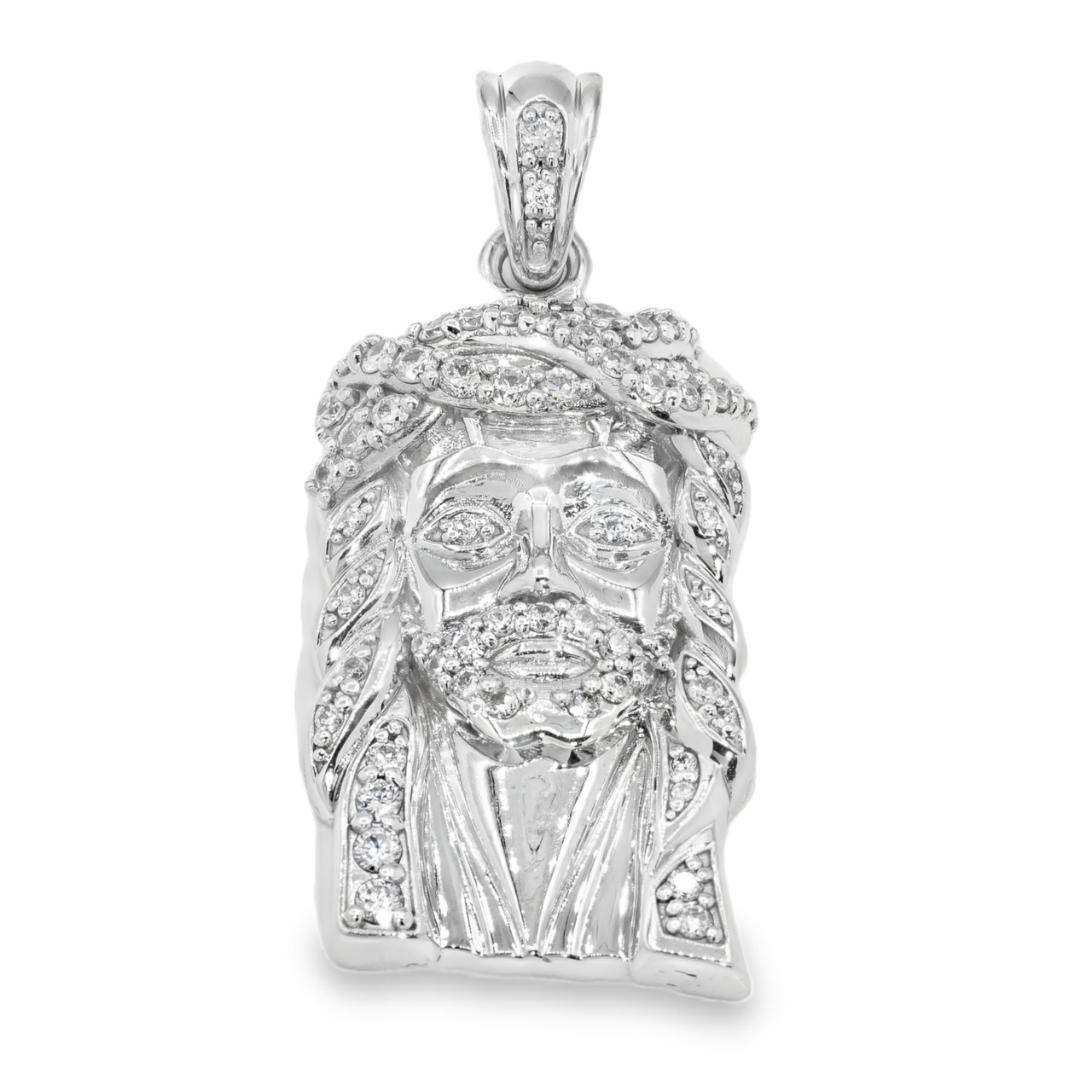 14K White Solid Gold Small Mens Lab Diamond Jesus Head Pendant 1.06 Ctw