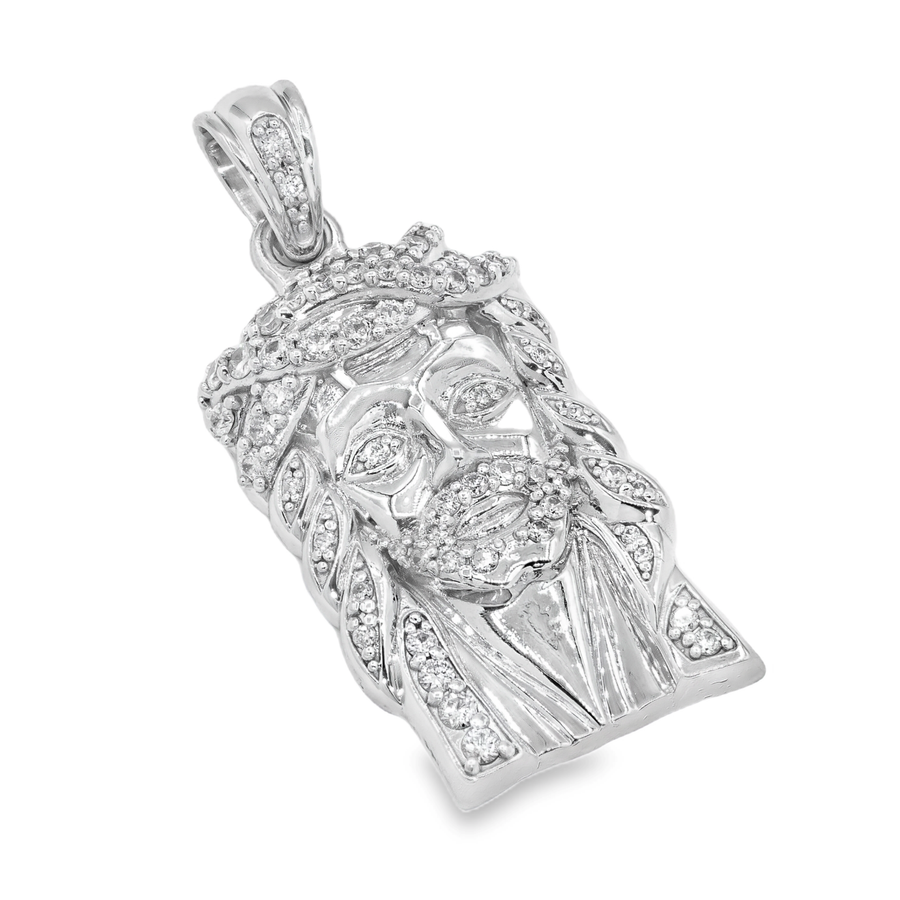 14K White Solid Gold Small Mens Lab Diamond Jesus Head Pendant 1.06 Ctw