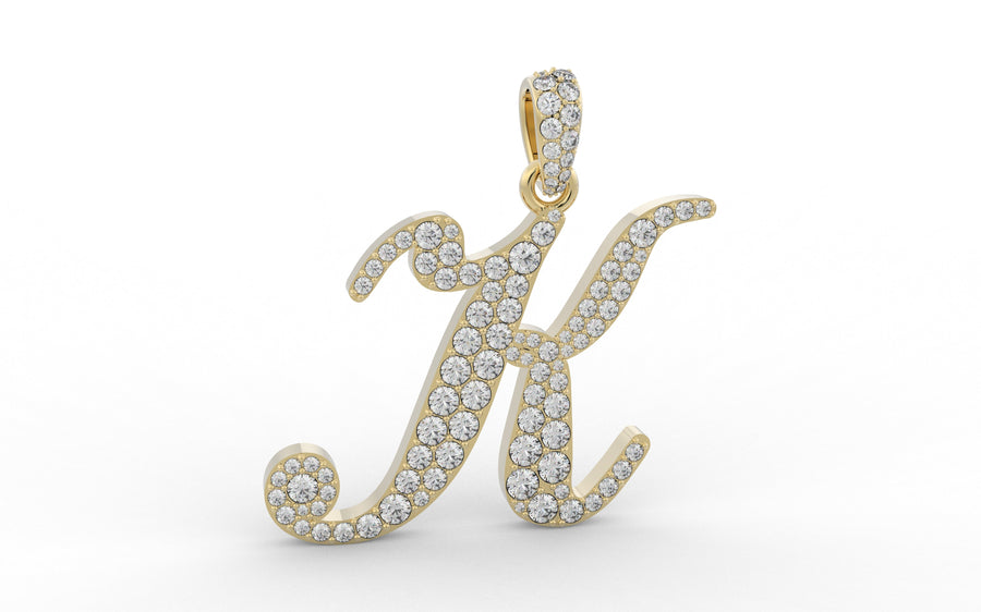 10k Yellow Gold Lab Diamond Letter K Initial Script Pendant 1.19 ctw