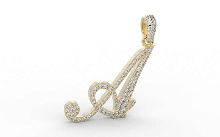 Yellow Gold Diamond Letter A Initial Script Pendant 0.63 ctw