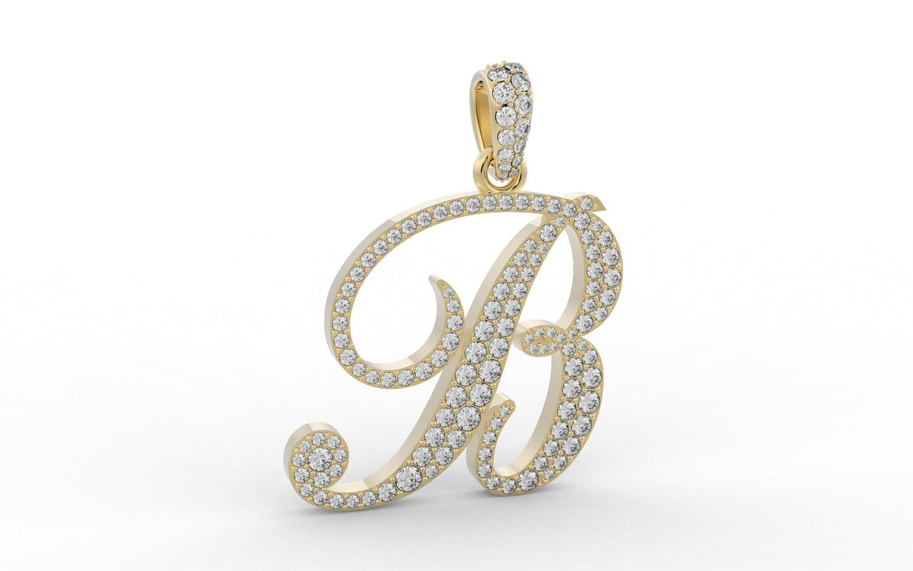 Yellow Gold Diamond Letter B Initial Script Pendant 0.83 ctw