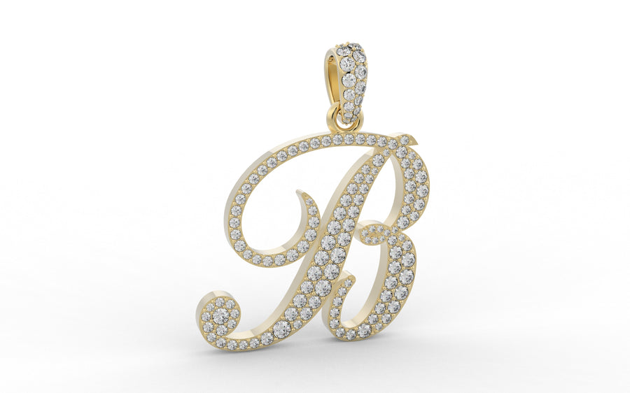 Yellow Gold Diamond Letter B Initial Script Pendant 0.83 ctw