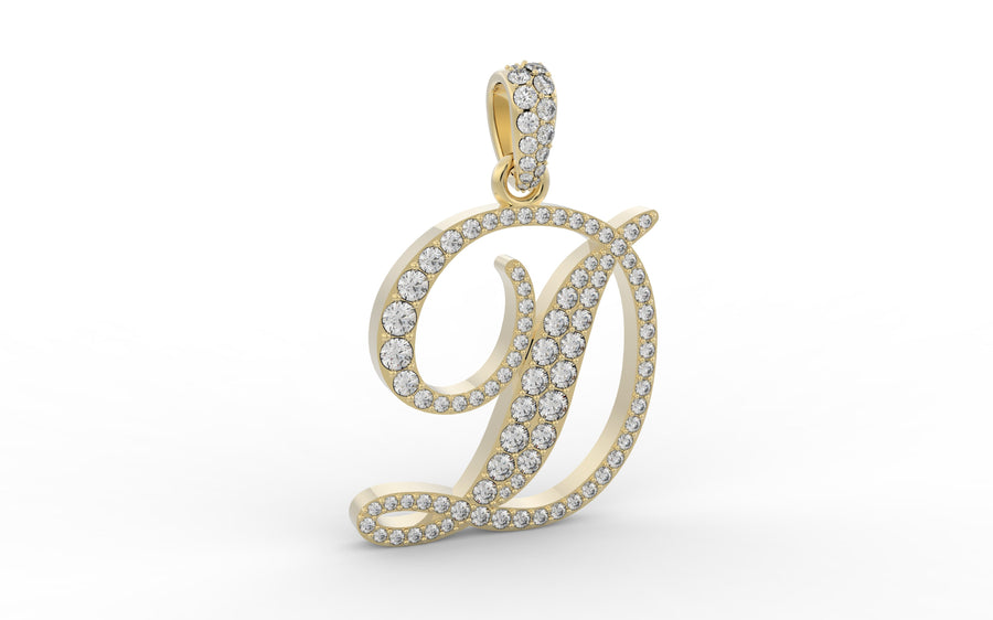 Yellow Gold Diamond Letter D Initial Script Pendant 0.85 ctw