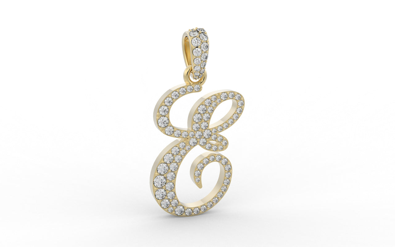Yellow Gold Diamond Letter E Initial Script Pendant  0.63 ctw