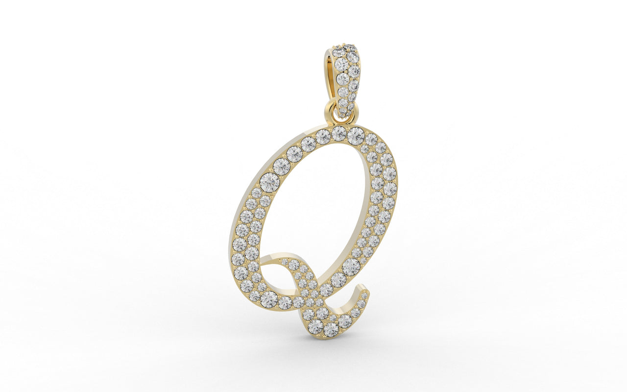 Yellow Gold Diamond Letter q Initial Script Pendant  0.63 ctw