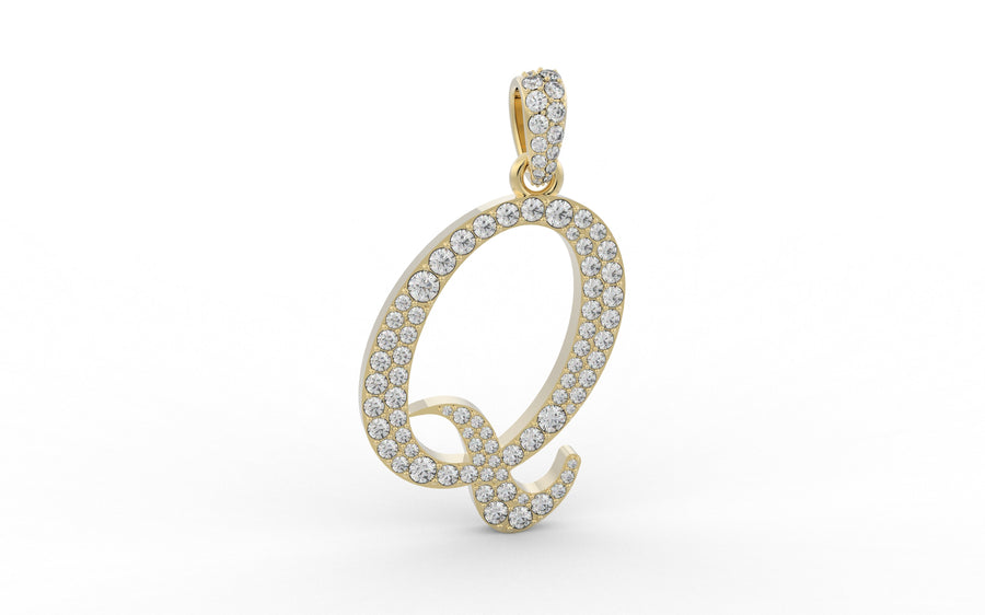 Yellow Gold Diamond Letter q Initial Script Pendant  0.63 ctw