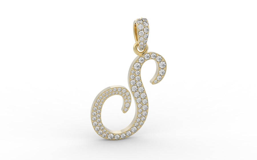 Yellow Gold Diamond Letter S Initial Script Pendant  0.63 ctw