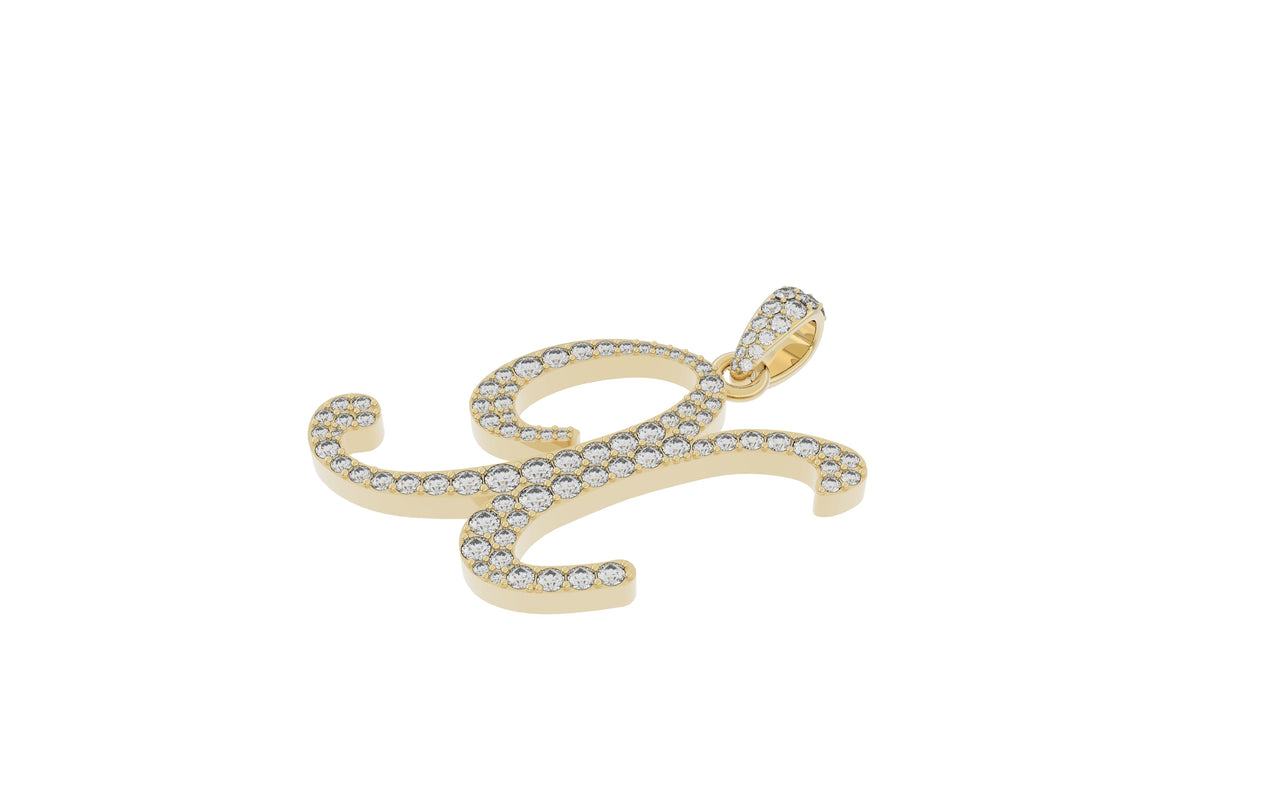 14K Gold Dangling Cursive Initial Pendant – Diamond Accented, A-Z Choice, J-K/I1-I2, 3/4 Inch