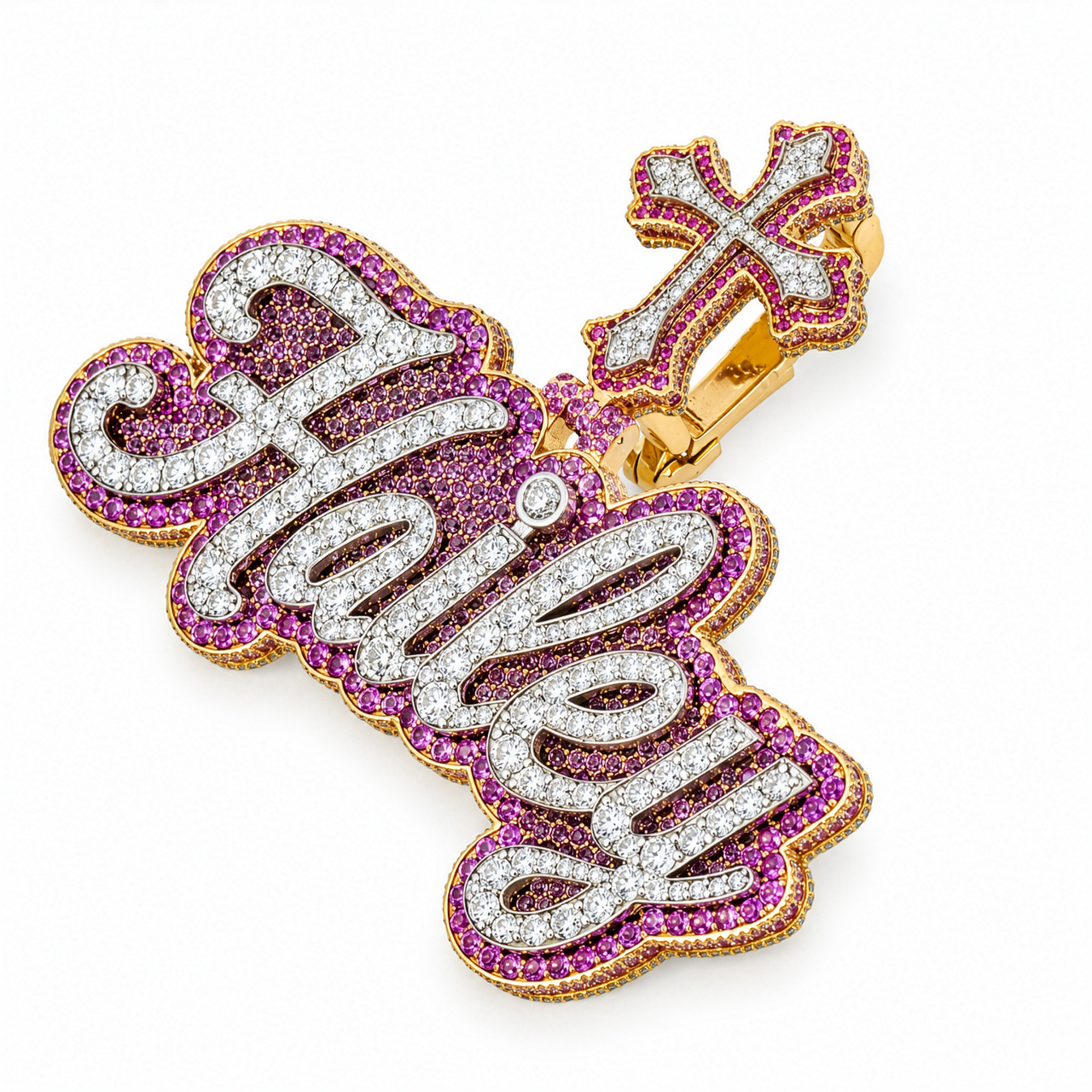 10K Gold Custom Hailey Name Pendant with Cross 7.70 Ctw