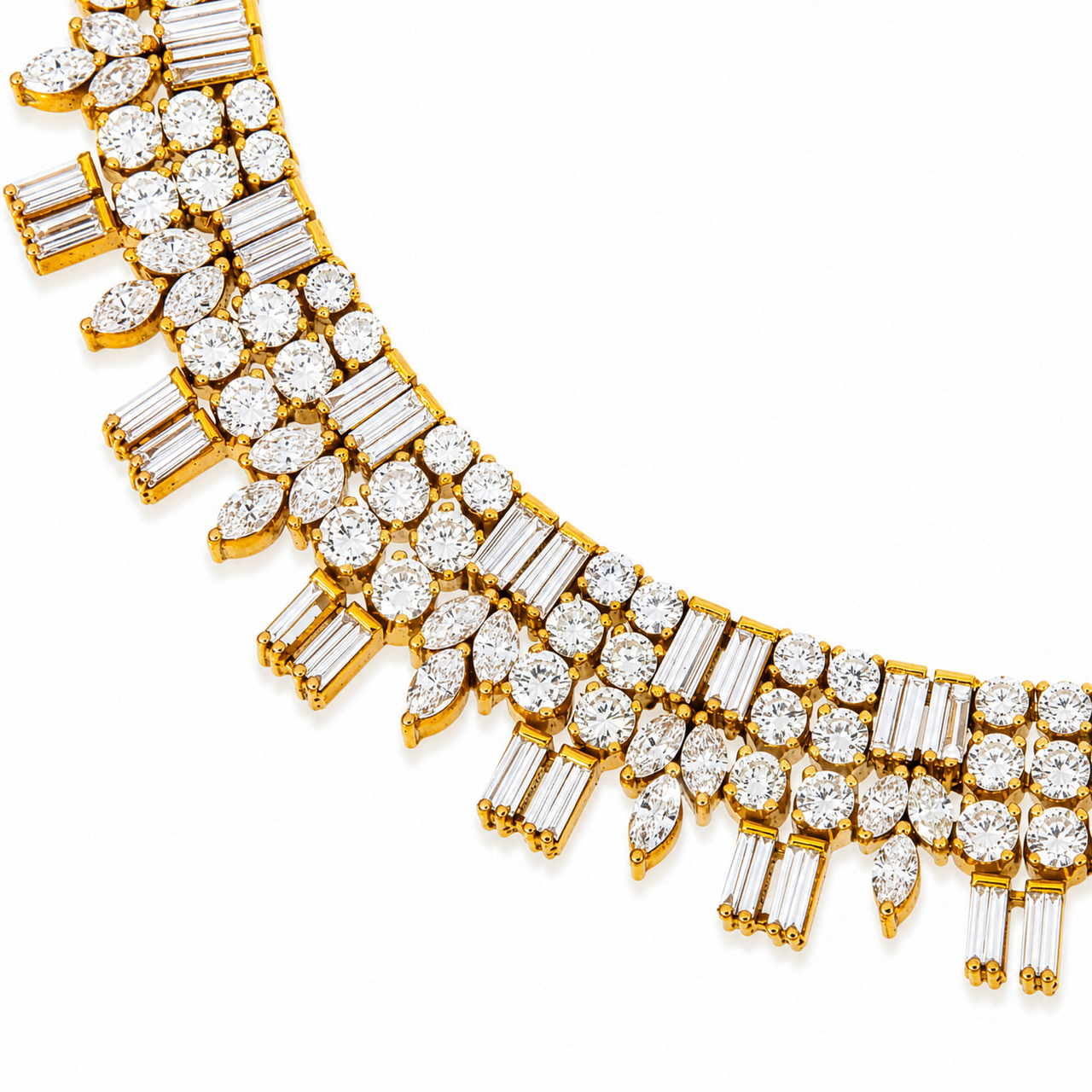 18K Yellow Gold Diamond Multi-Cut Fringe Bib Necklace 23 CTW VS1-2