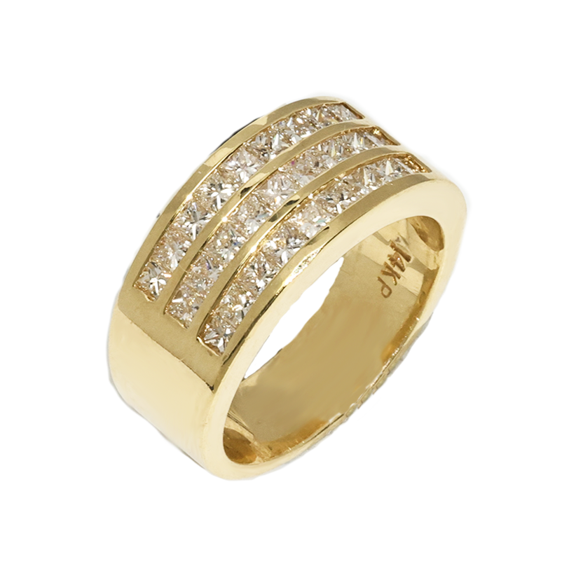 Yellow Gold / 4 14K Three Row Princess Cut Yellow Gold Mens Diamond Pinky Ring 1.55 Ctw
