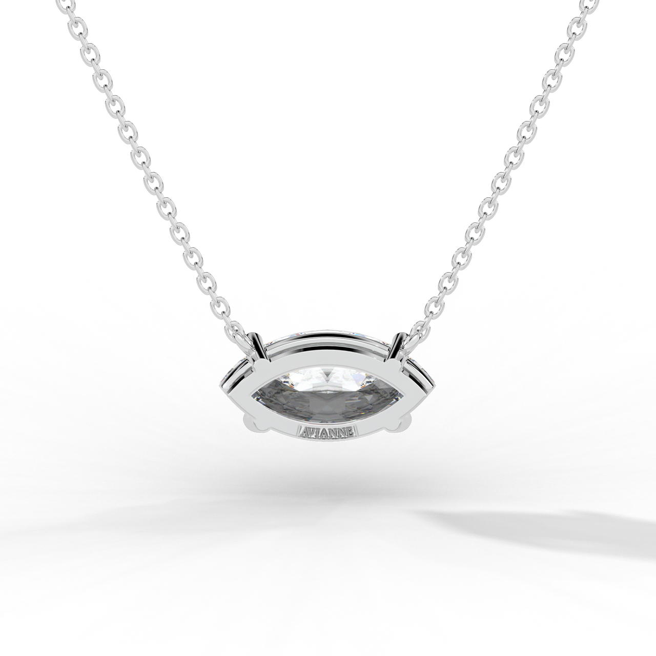 Marquise diamond bezel pendant white gold back Avianne engraved
