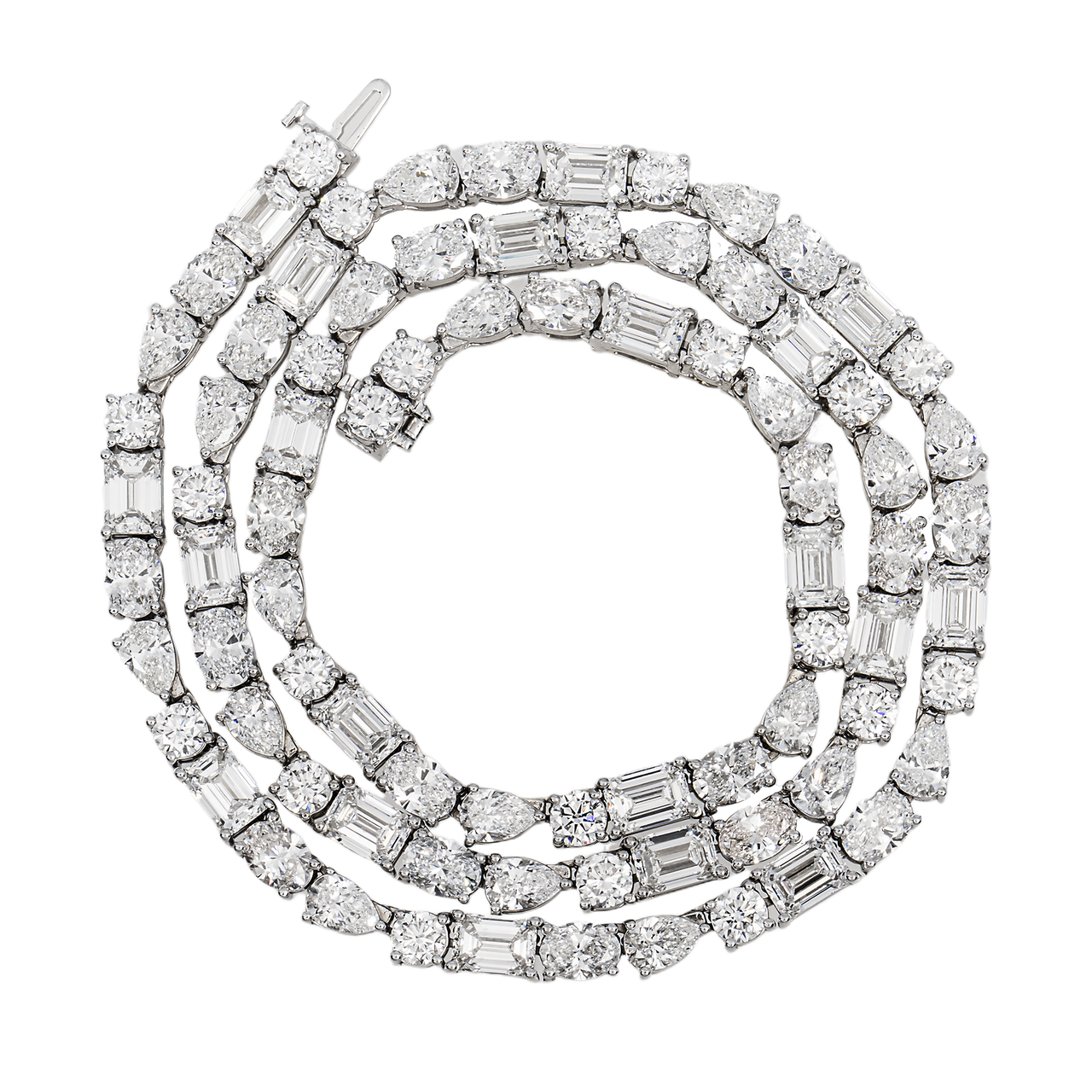 White Gold / 22 inches – 42 grams – 55 CTW Mixed Cut Diamond Tennis Chain – 55 CTW CVD (Emerald & Pear Cut)