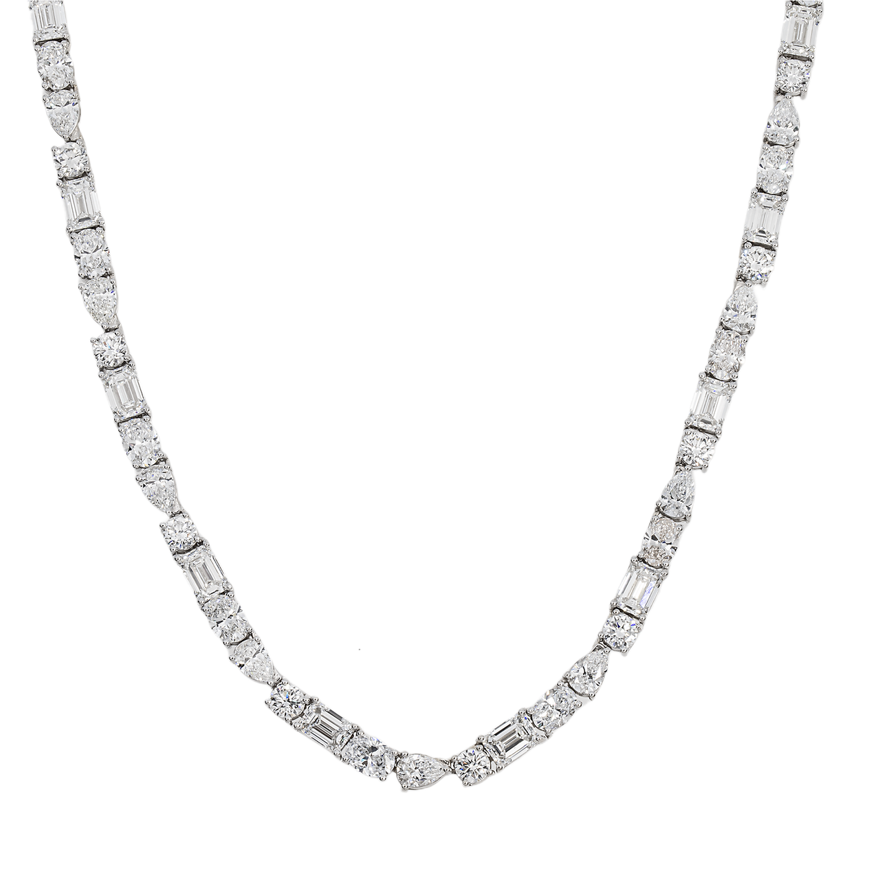 White Gold / 22 inches – 42 grams – 55 CTW Mixed Cut Diamond Tennis Chain – 55 CTW CVD (Emerald & Pear Cut)