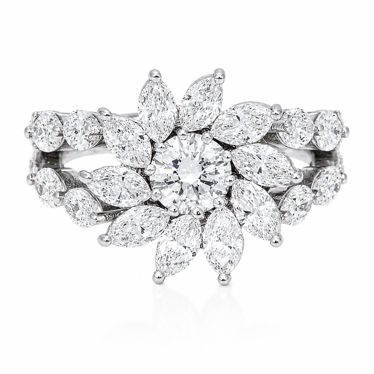 14K White Gold Lab Diamond Flower Burst Cluster Ring 2.85 CTW