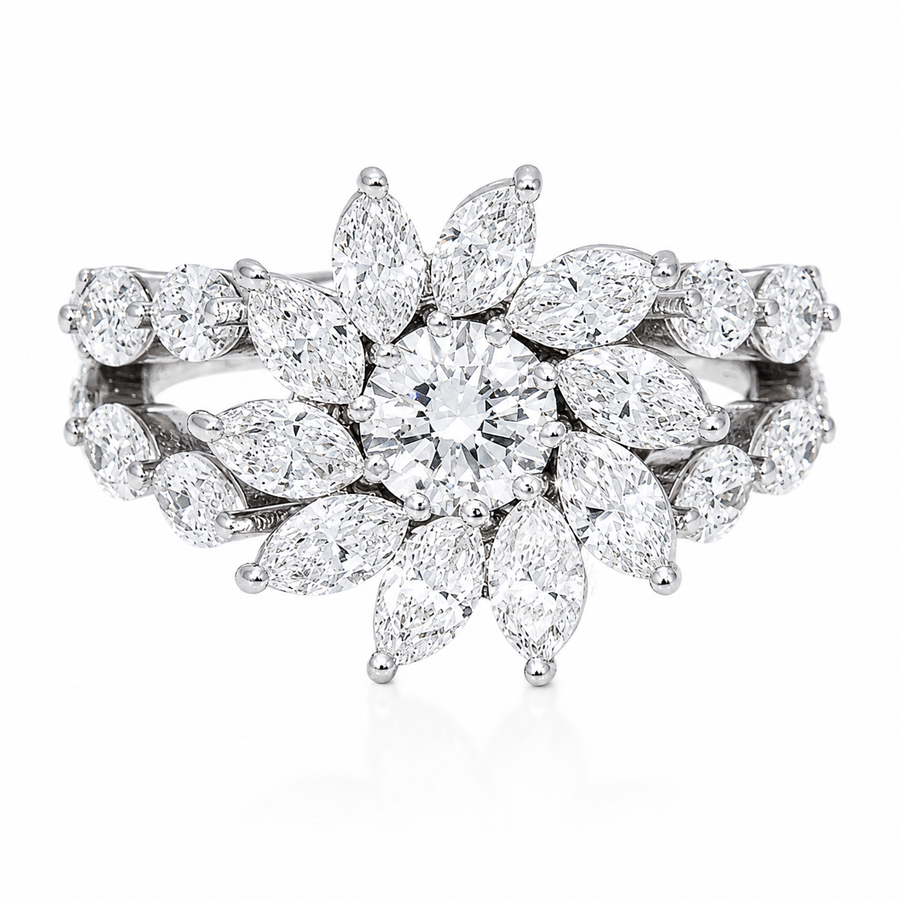 14K White Gold Lab Diamond Flower Burst Cluster Ring 2.85 CTW