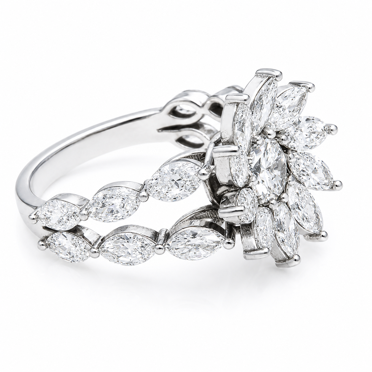 14K White Gold Lab Diamond Flower Burst Cluster Ring 2.85 CTW