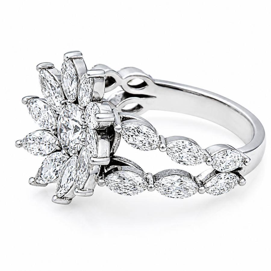 14K White Gold Lab Diamond Flower Burst Cluster Ring 2.85 CTW