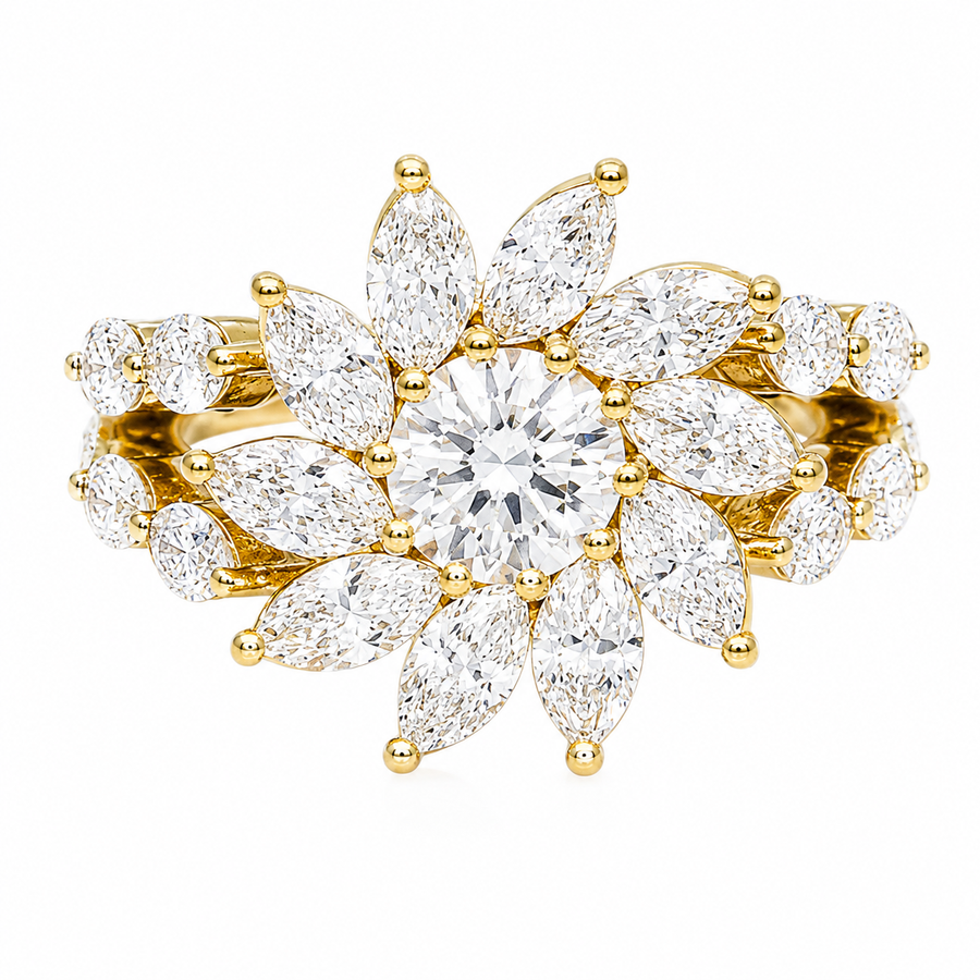 14K Yellow Gold CVD Diamond Flower Burst Cluster Ring 4.52 CTW