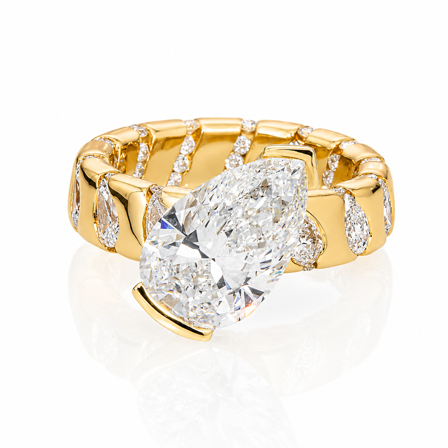 14K Yellow Gold Pear-Cut Lab Diamond VVS2 E Color Statement Ring 5.01 CTW