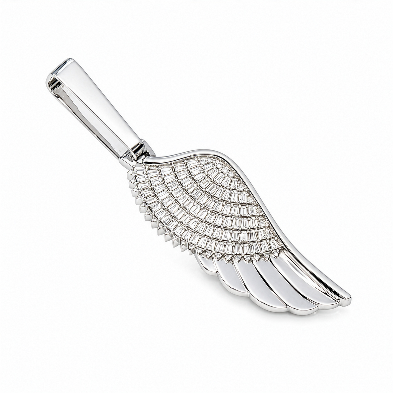 14K White Gold Baguette & Round Lab Diamond Angel Wing Pendant 2.8 Inch 1.99 Ctw