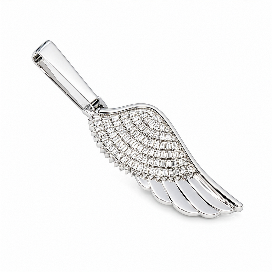 14K White Gold Baguette & Round Lab Diamond Angel Wing Pendant 2.8 Inch 1.99 Ctw