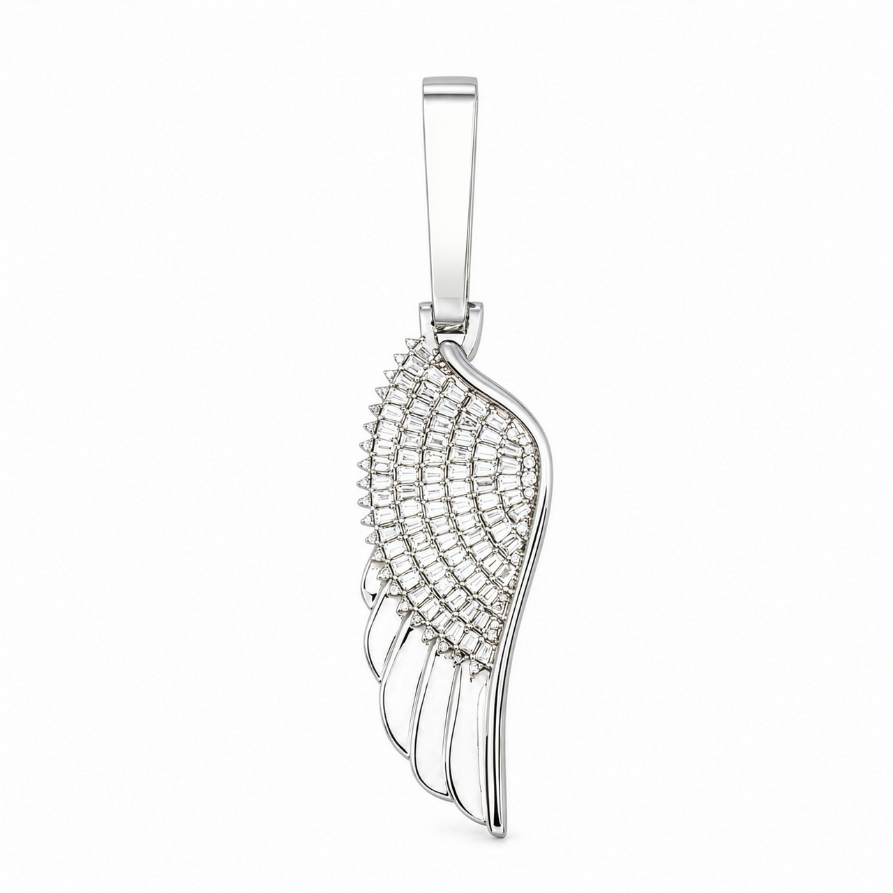 14K White Gold Baguette & Round Lab Diamond Angel Wing Pendant 2.8 Inch 1.99 Ctw