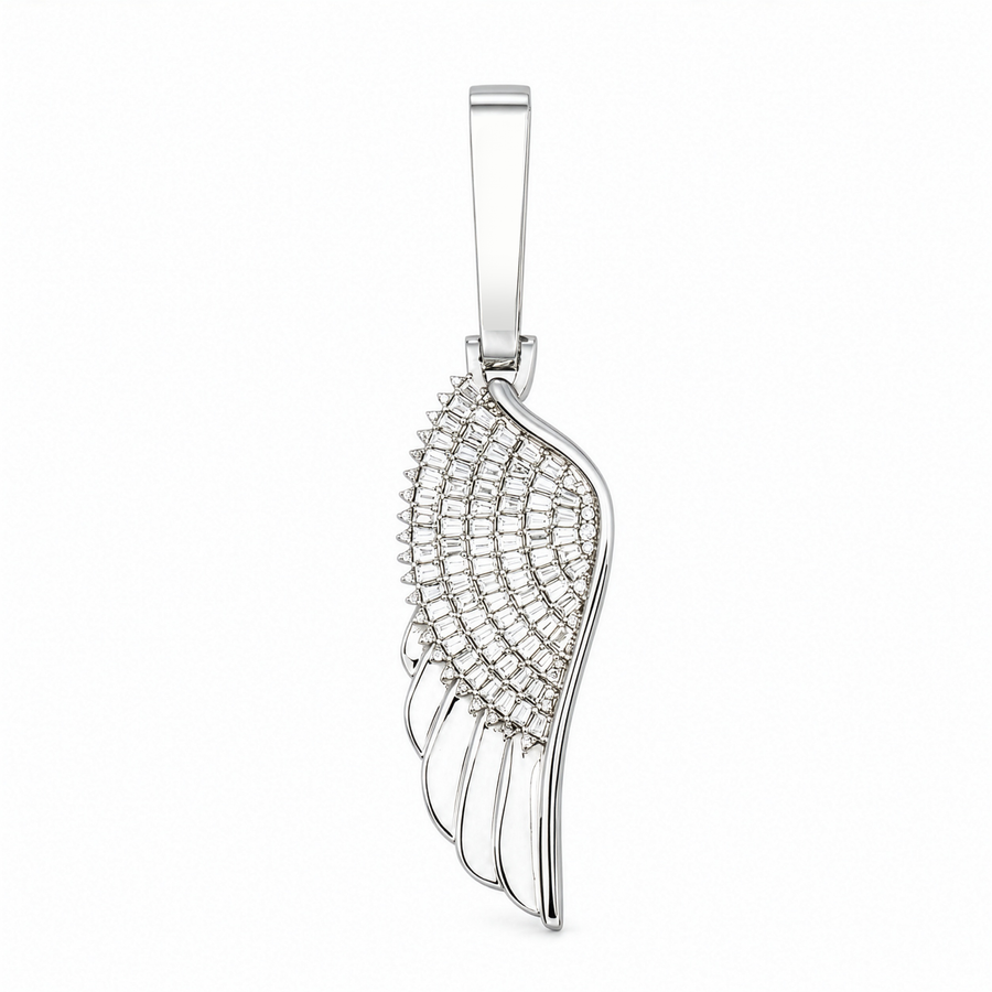 14K White Gold Baguette & Round Lab Diamond Angel Wing Pendant 2.8 Inch 1.99 Ctw
