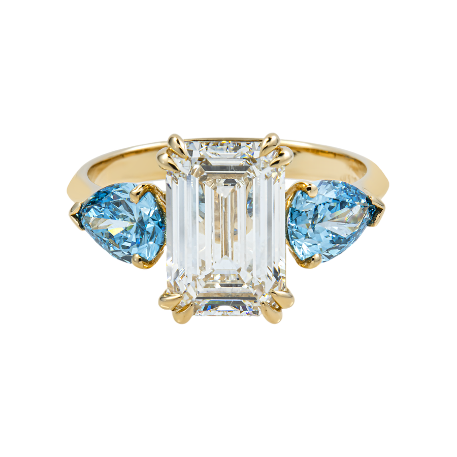 14k White Gold Emerald Cut Lab Diamond Engagement Ring with Pear Side Accents 5.02 ctw